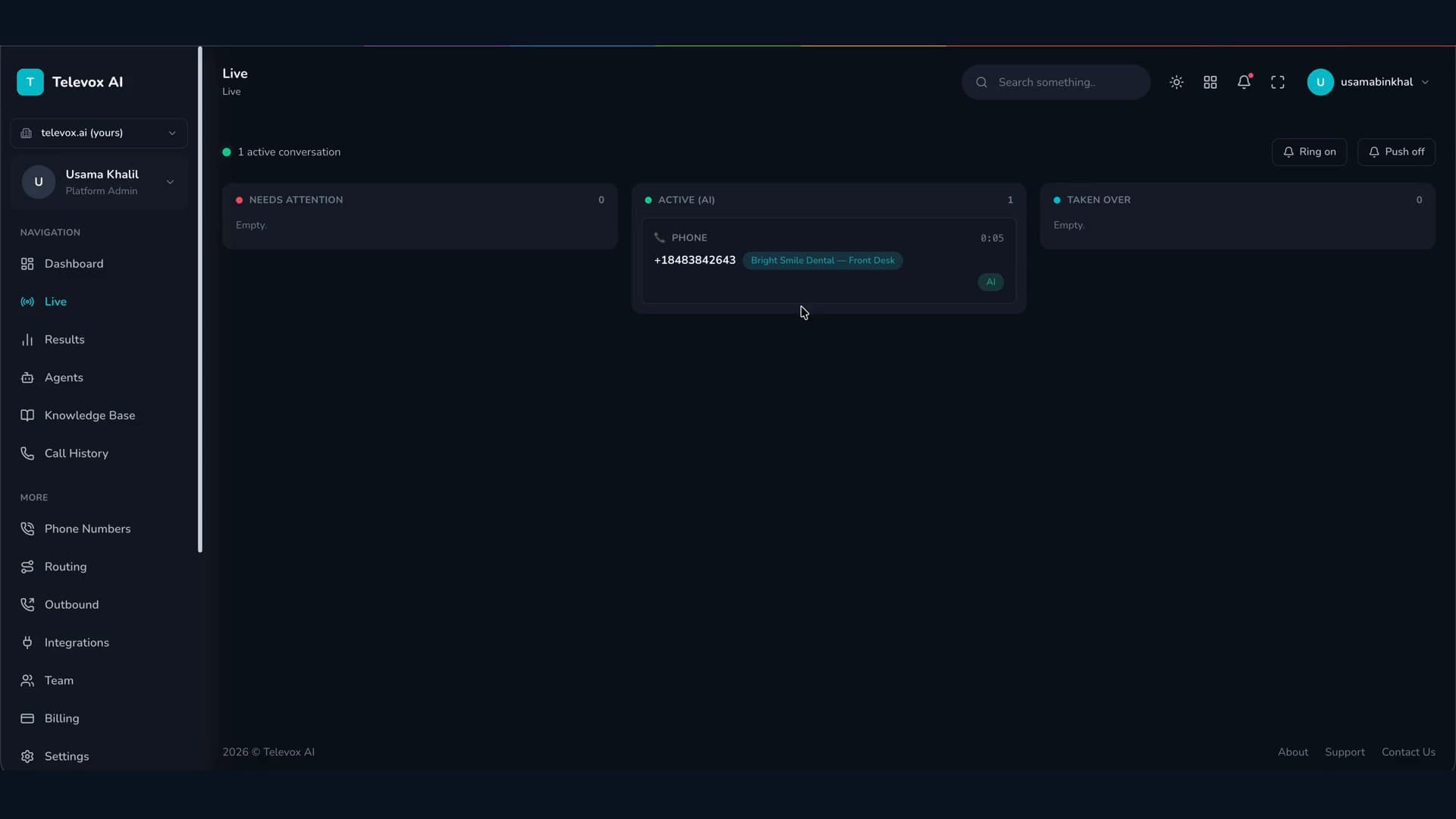 The Televox live board with an active call