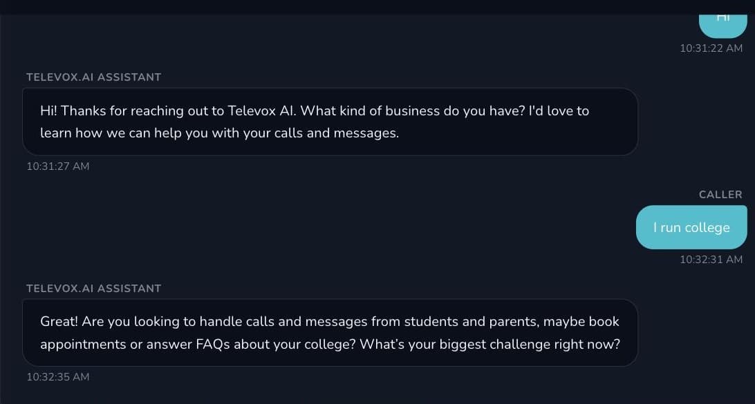 A real conversation transcript in the Televox dashboard